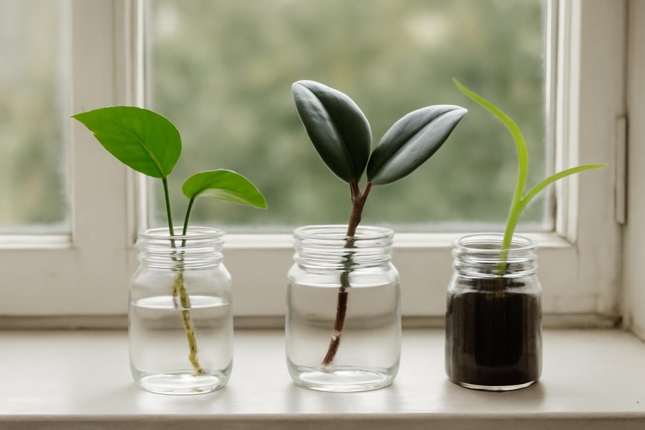 Three houseplant cuttings rooting in jars on a windowsill