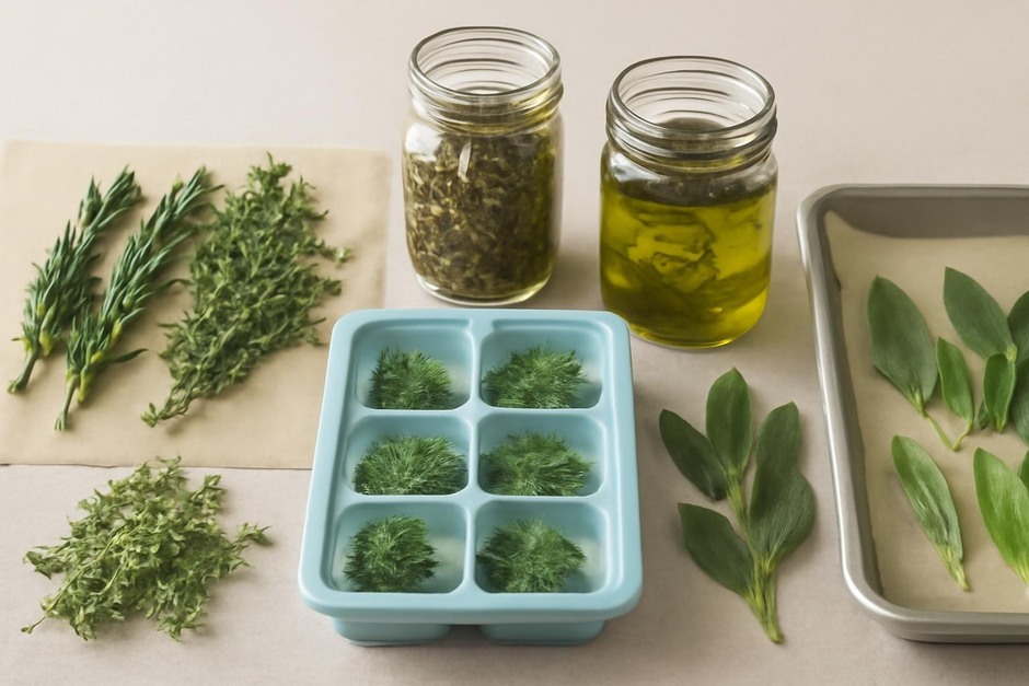 sprigs of fresh herbs on a work surface with jars and an ice tray